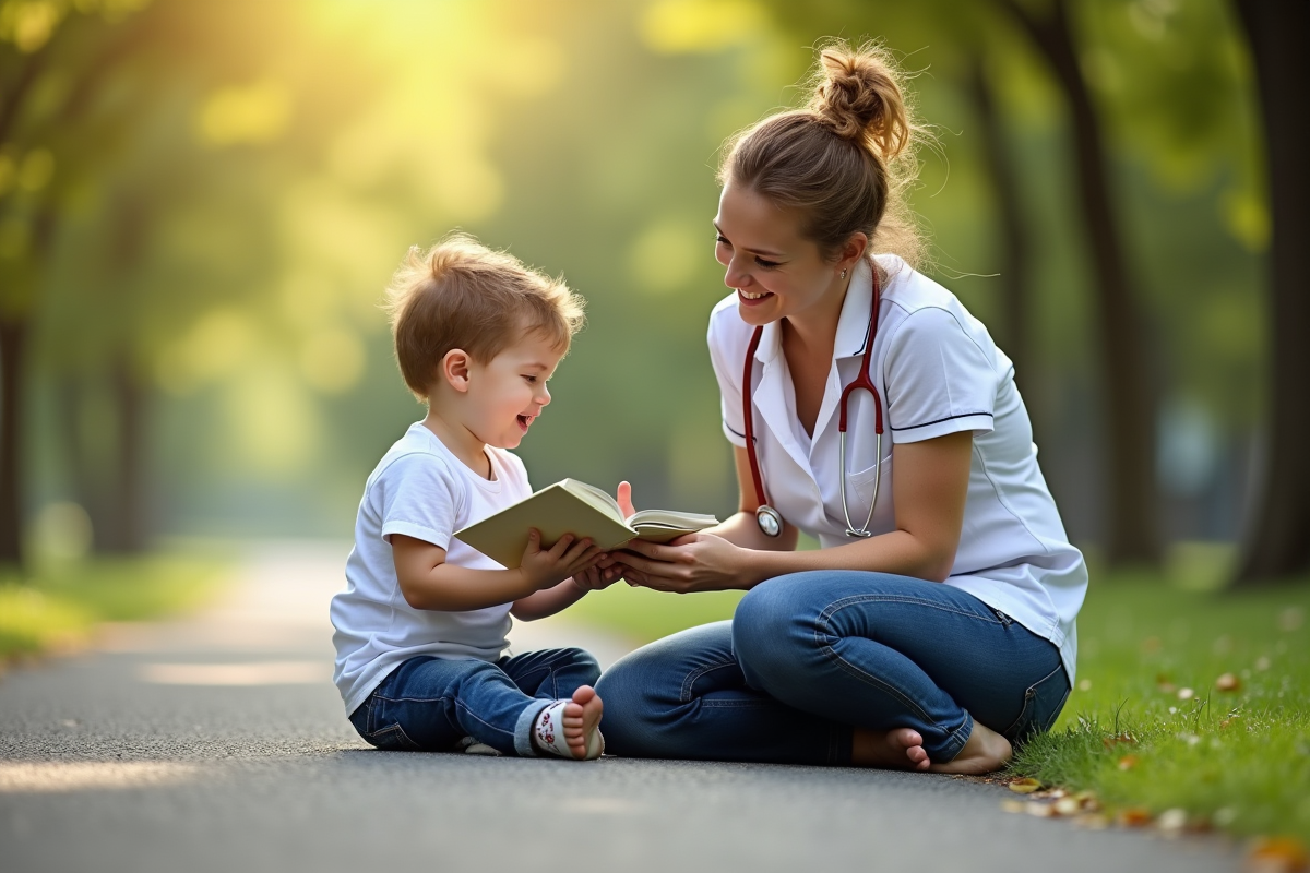 Éducateur dans un parc aidant un enfant à lire un livre