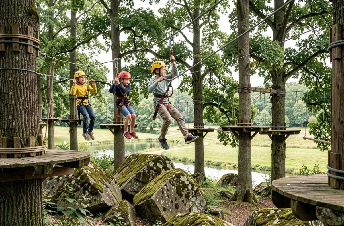 Enfants sur le parcours d'aventure du Parc départemental d'Olhain en pleine nature