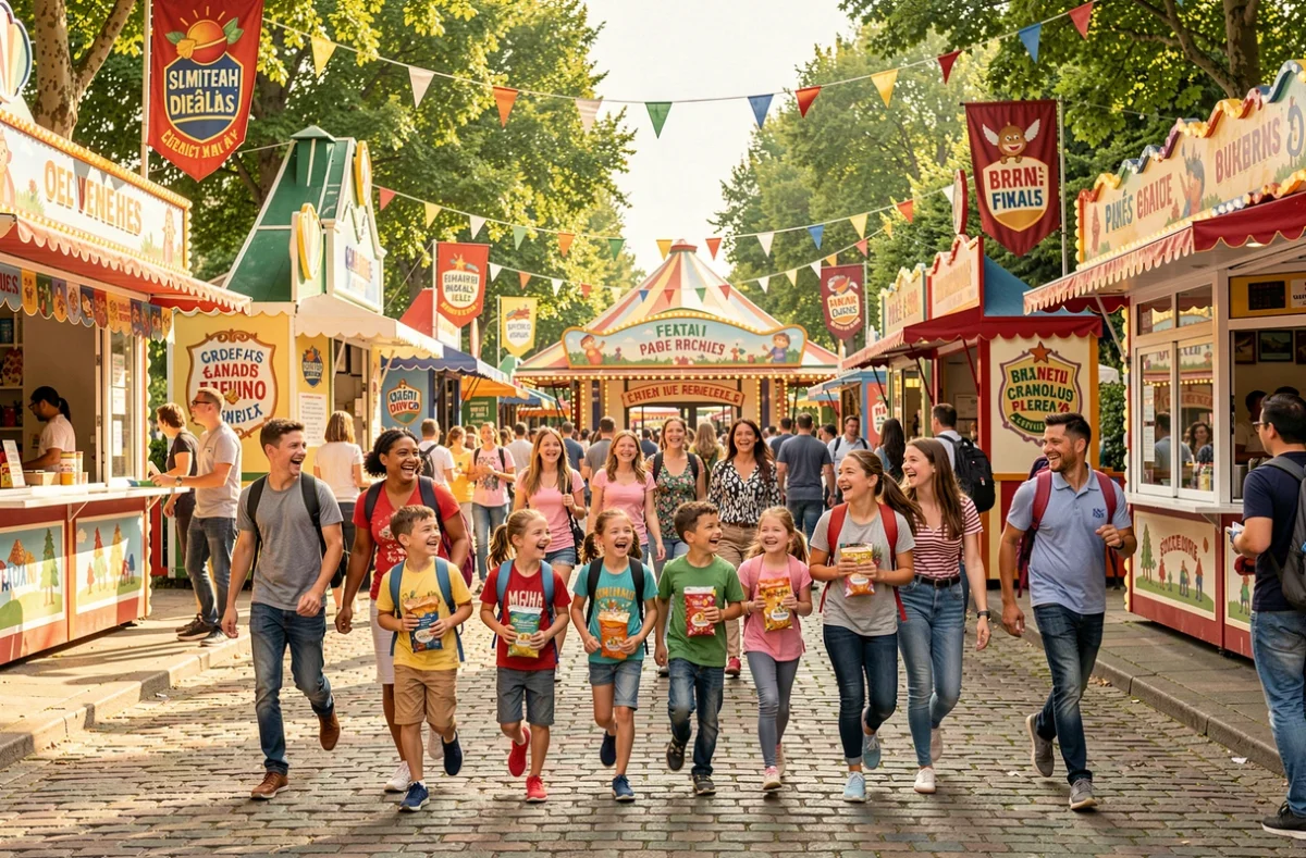 Familles joyeuses entrant dans un parc de loisirs coloré dans le Pas-de-Calais