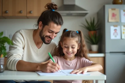 Parent seul aidant sa fille avec ses devoirs dans une cuisine lumineuse