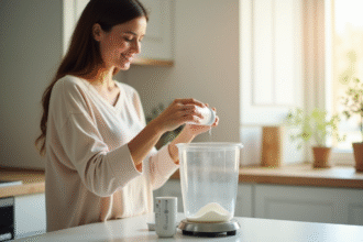 Parent mesurant poudre de lait pour biberon dans une cuisine lumineuse