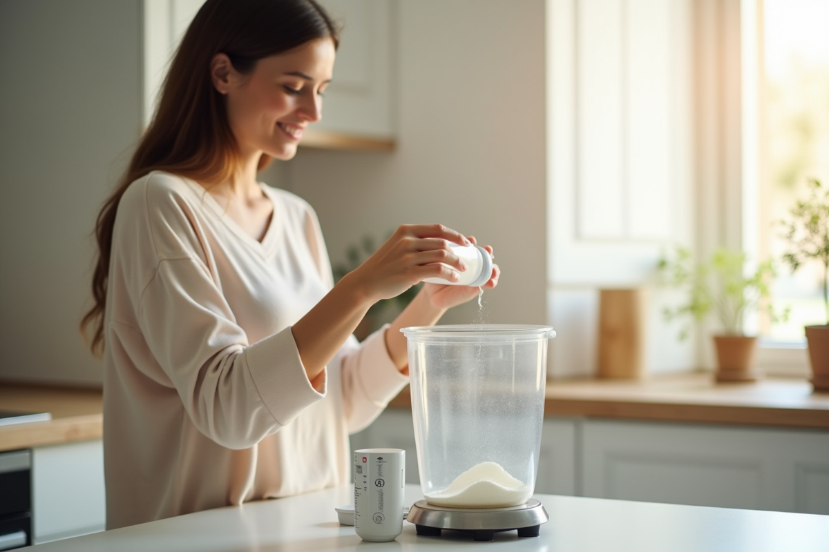 Parent mesurant poudre de lait pour biberon dans une cuisine lumineuse