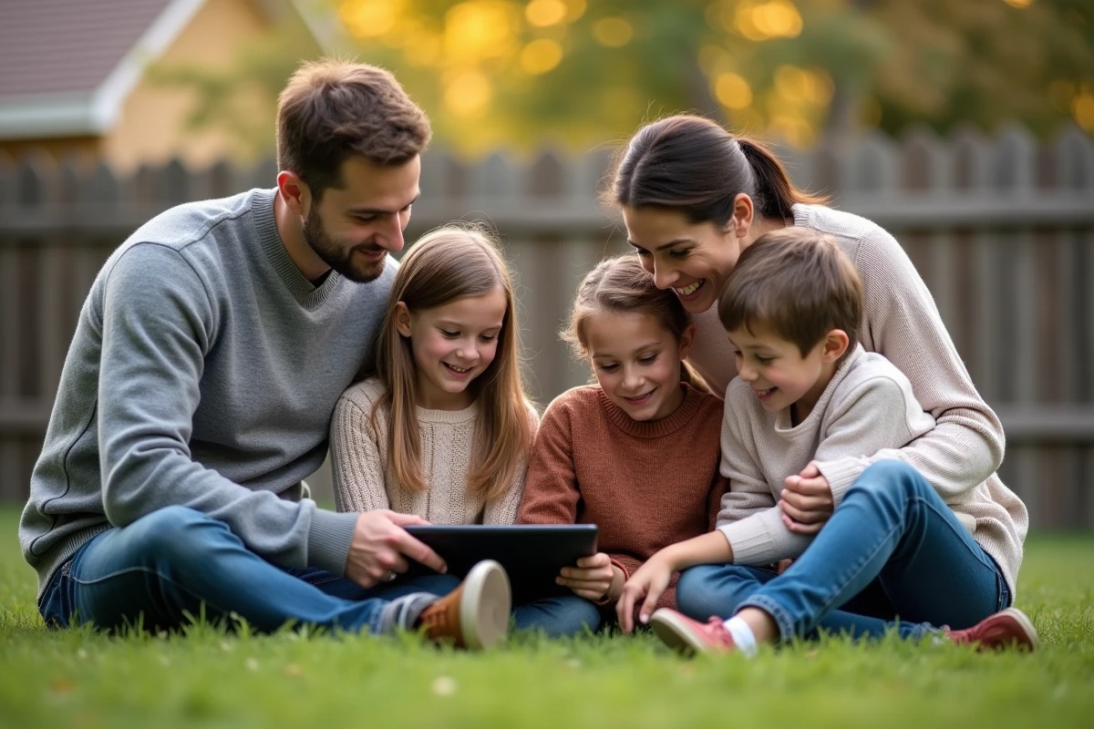 Parents et enfants utilisant une tablette dans le jardin en famille