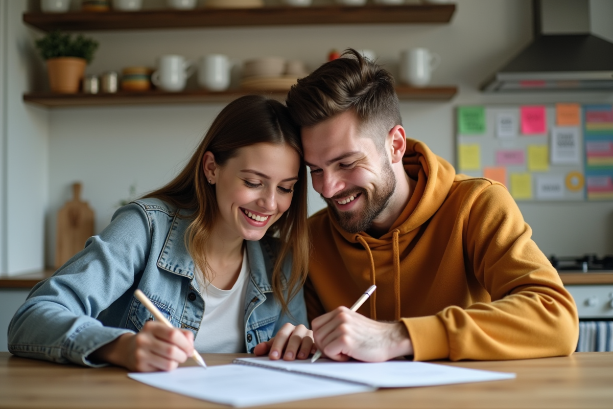 Jeune couple de parents discutant à la cuisine