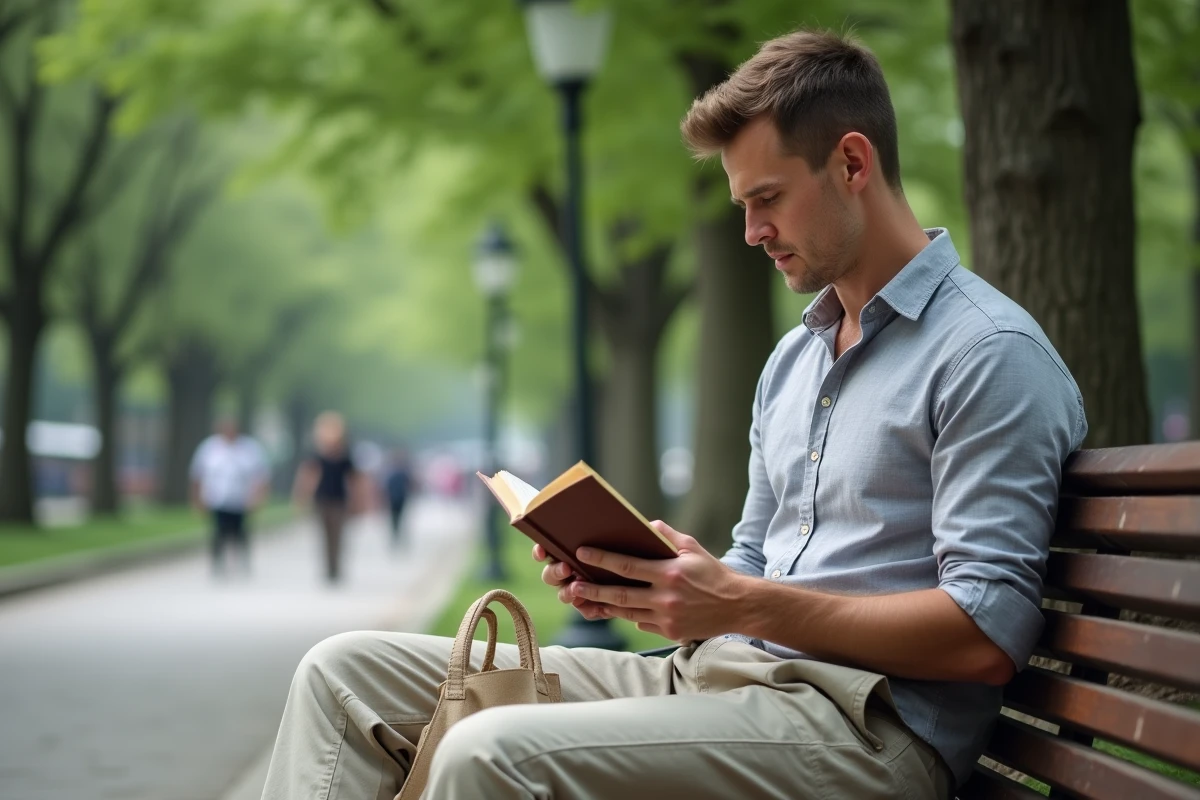 Homme lisant dans un parc urbain durant une pause déjeuner, illustrant la nécessité de déconnecter pour trouver un équilibre de vie réaliste