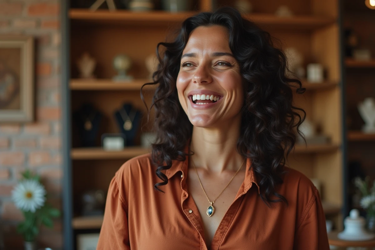 Jeune femme choisissant un pendentif en or rose avec pierre de lune dans une boutique de bijoux