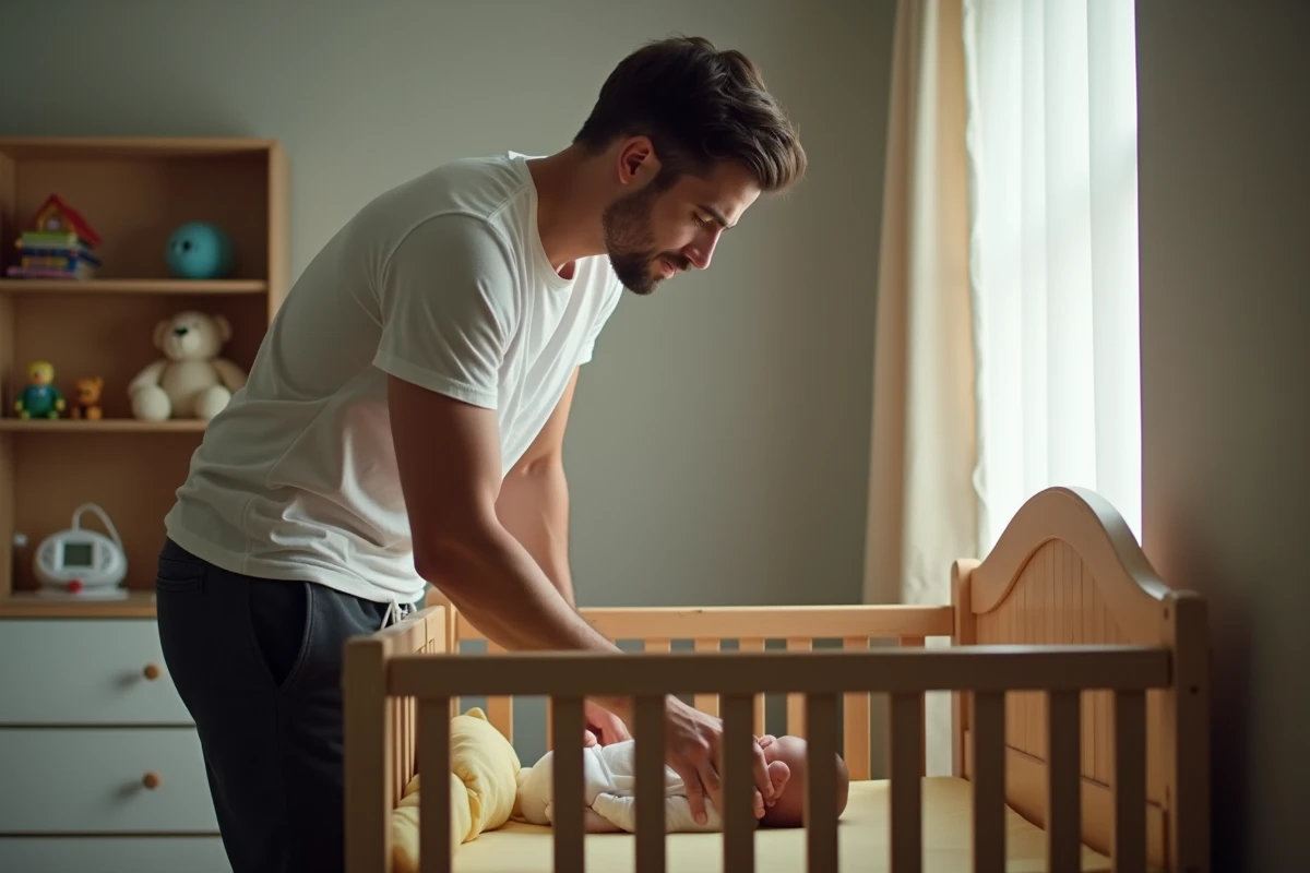 Père fatigué se penchant sur le berceau d'un bébé qui pleure la nuit