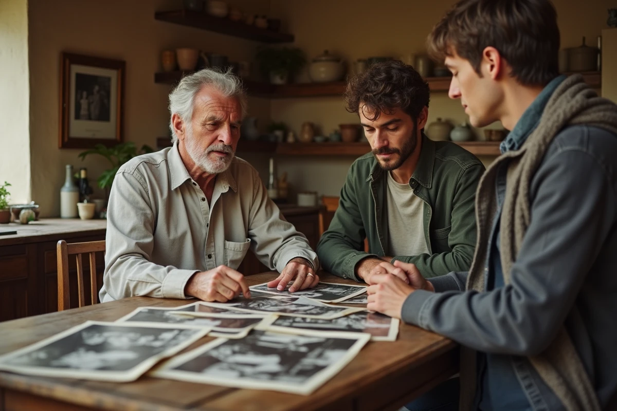 Père et fils examinant ensemble de vieilles photographies de famille dans une cuisine rustique française, illustrant la transmission des origines