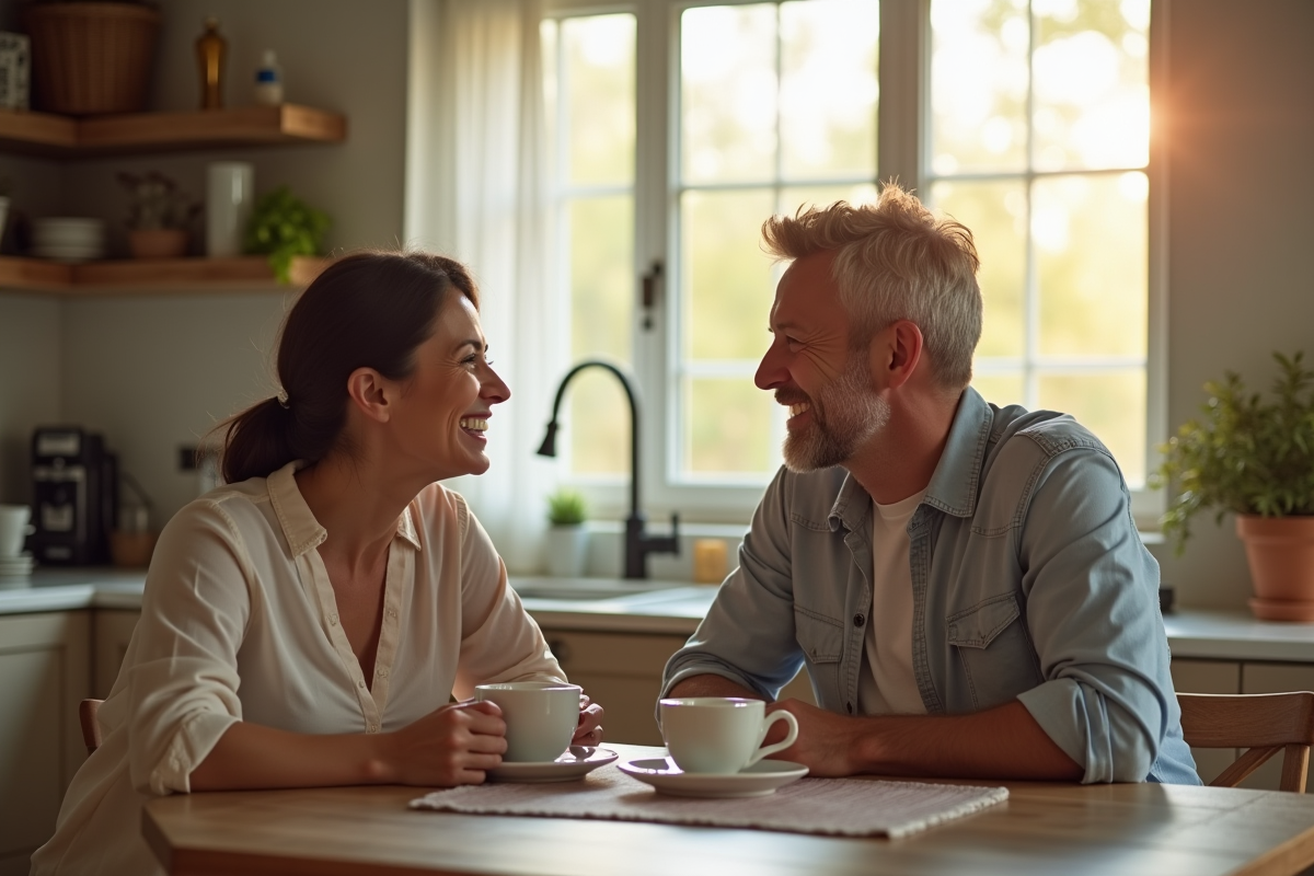 Couple partageant un café au matin dans la cuisine