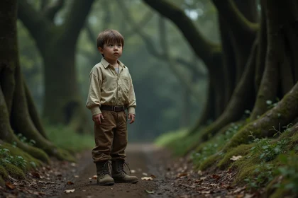 Petit garçon en tenue médiévale rustique au bord d'une forêt ancienne brumeuse, illustrant le conte du Petit Poucet