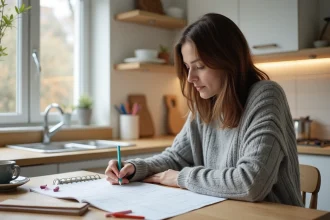 Mère de famille planifiant les vacances scolaires 2026 sur un calendrier papier dans une cuisine moderne