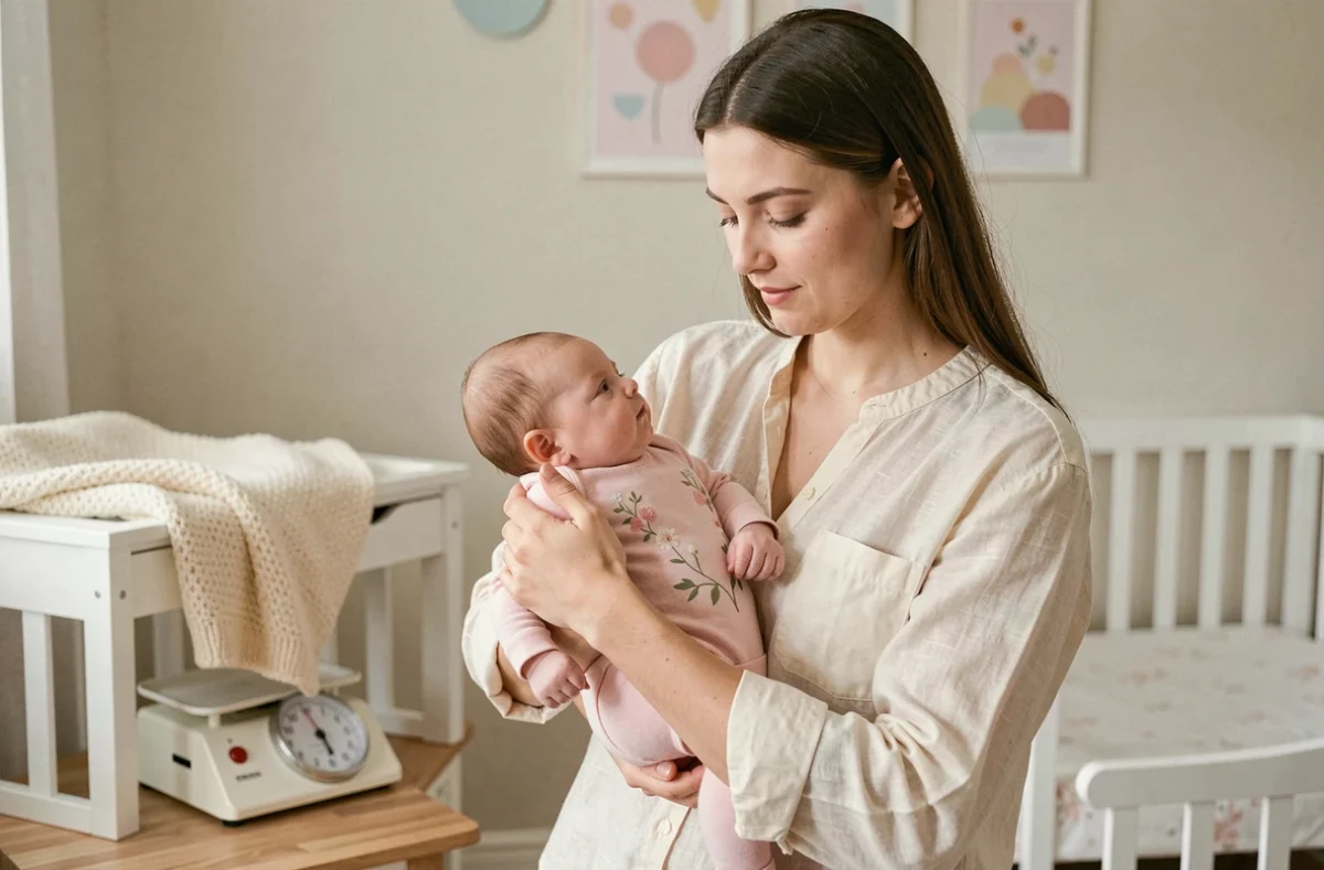 Mère tenant son bébé fille de 3 mois lors d'une pesée à domicile sur une balance vintage dans une chambre de bébé scandinave