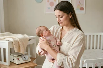 Mère tenant son bébé fille de 3 mois lors d'une pesée à domicile sur une balance vintage dans une chambre de bébé scandinave