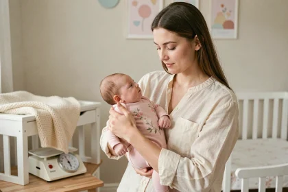 Mère tenant son bébé fille de 3 mois lors d'une pesée à domicile sur une balance vintage dans une chambre de bébé scandinave