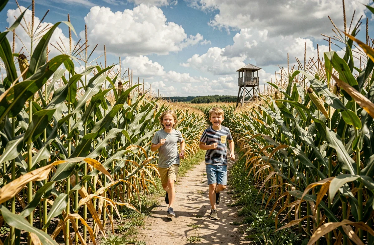 Enfants courant dans le labyrinthe végétal saisonnier Pop Corn Labyrinthe près de Berck