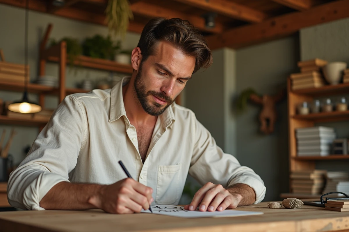 Père écrivant le prénom Noah en calligraphie sur un panneau en bois rustique dans un atelier chaleureux