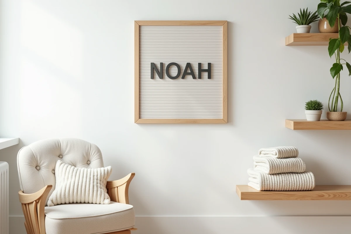 Tableau de lettres en bois épelant le prénom Noah dans une chambre d'enfant scandinave moderne et minimaliste