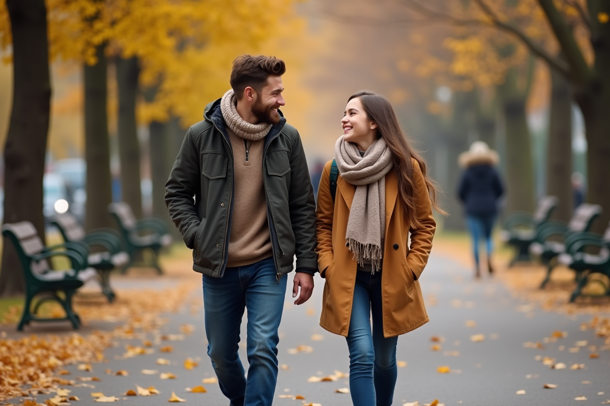Frere et soeur marchant dans un parc en automne