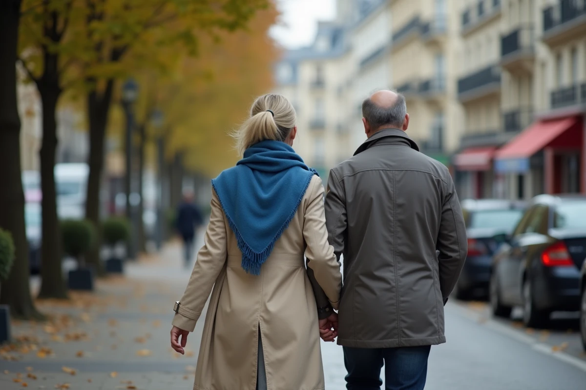 Couple marchant dans une rue parisienne en automne