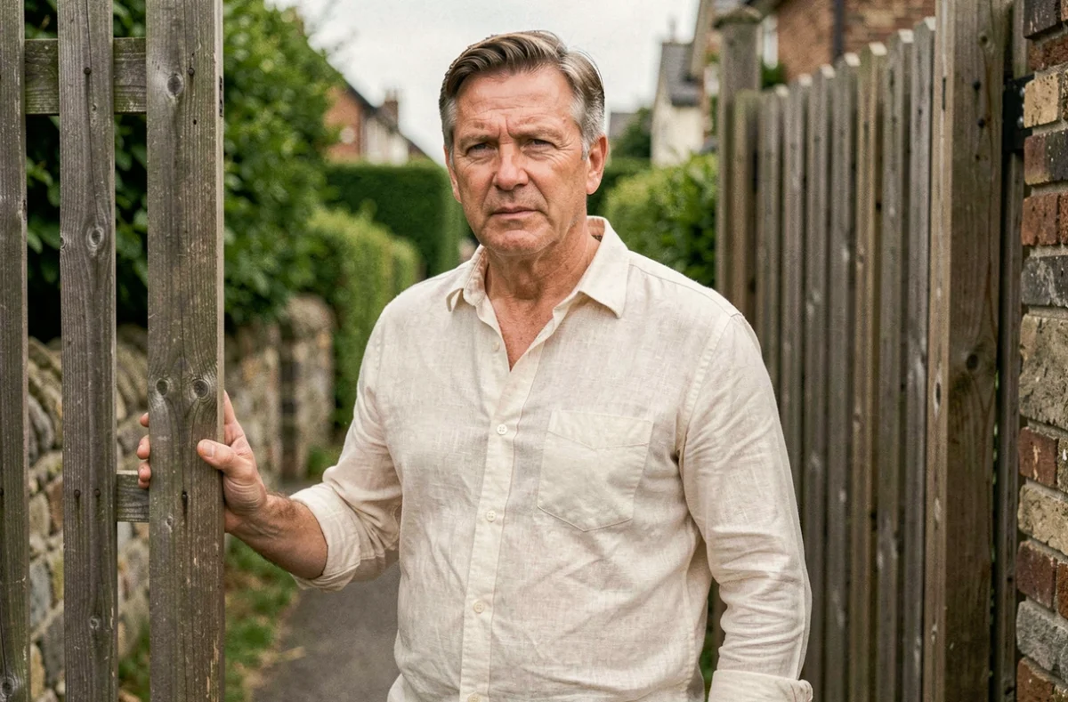 Homme devant le portail de sa maison en zone résidentielle, expression protectrice, symbolisant la protection de la vie familiale et de l'intimité