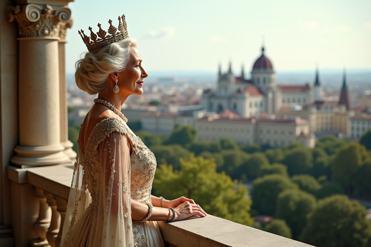 Reine moderne sur un balcon avec vue sur la ville historique