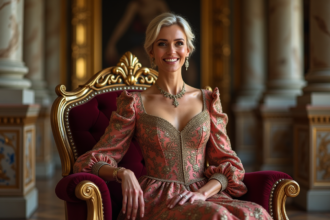 Reine élégante en robe royale assise sur un trône dans un palais