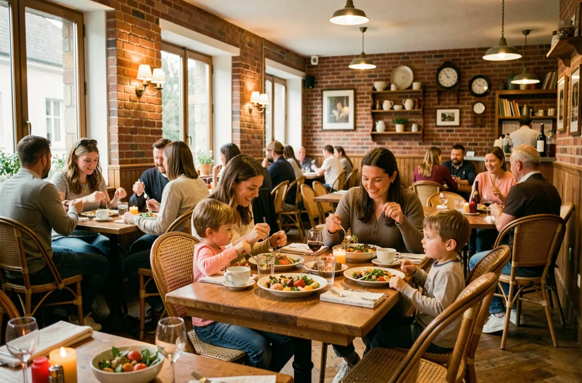 Famille attablée dans un restaurant convivial du Nord de la France adapté aux enfants, ambiance chaleureuse et décor bistro traditionnel
