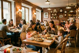 Famille attablée dans un restaurant convivial du Nord de la France adapté aux enfants, ambiance chaleureuse et décor bistro traditionnel