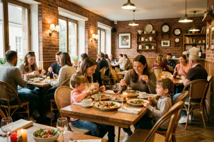 Famille attablée dans un restaurant convivial du Nord de la France adapté aux enfants, ambiance chaleureuse et décor bistro traditionnel