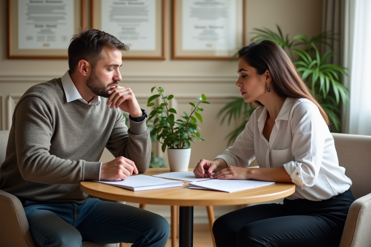 Homme et femme examinant des documents dans un bureau convivial