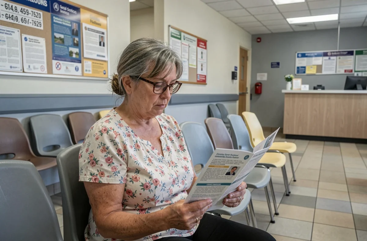 Femme dans une salle d'attente de service social lisant une brochure d'information sur les numéros d'aide sociale