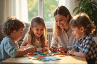 Salle lumineuse avec éducateur aidant deux enfants à faire un puzzle