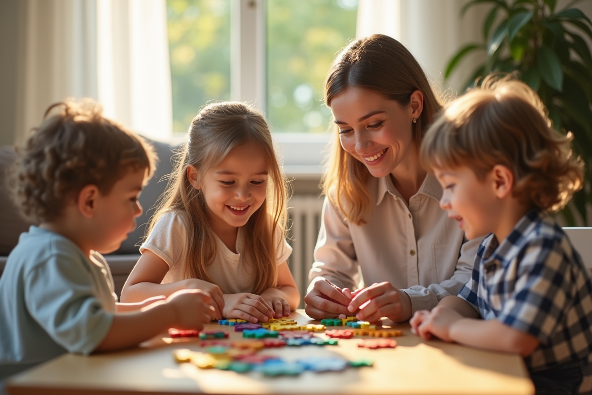 Salle lumineuse avec éducateur aidant deux enfants à faire un puzzle