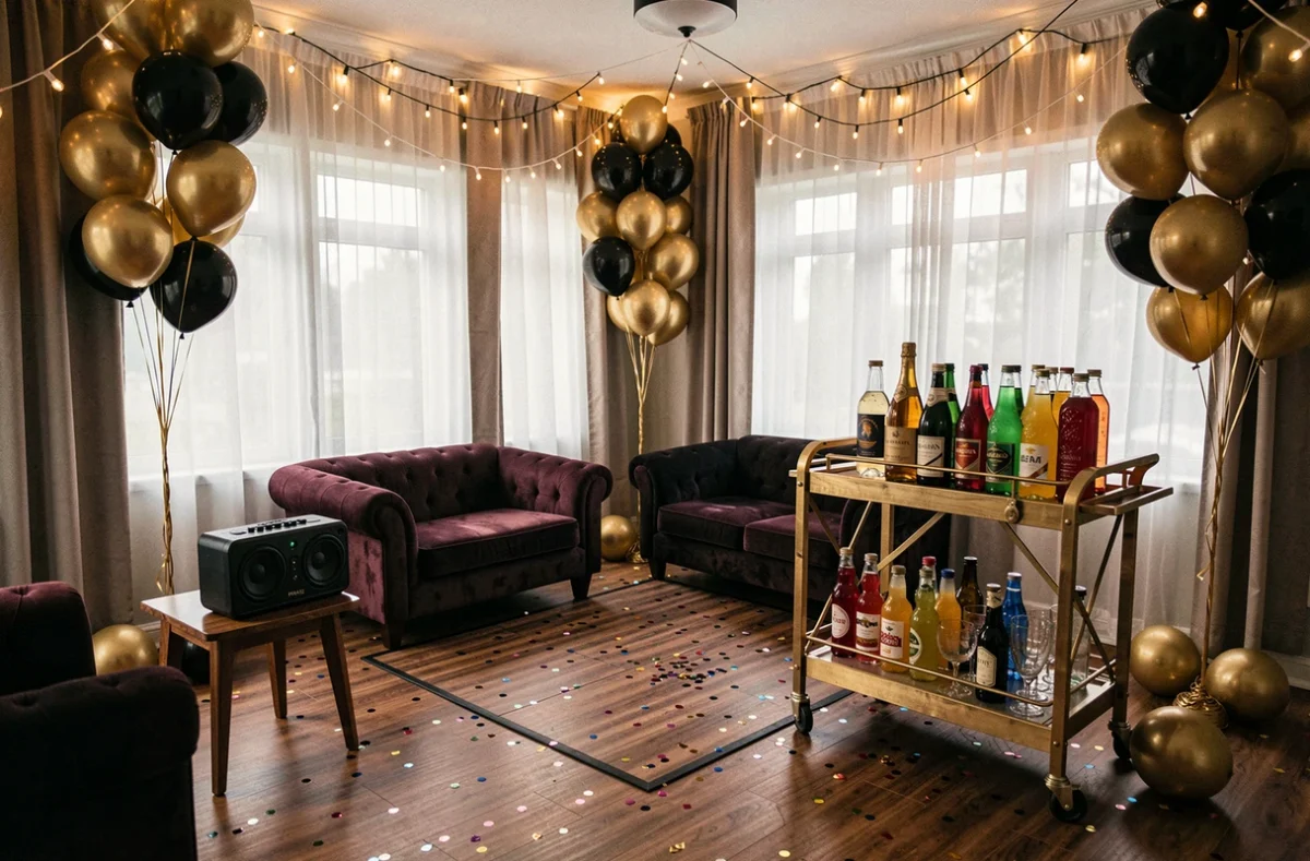Salon transformé en club privé pour un anniversaire 18 ans avec ballons dorés, guirlandes lumineuses et bar à cocktails DIY