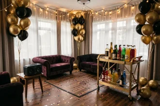 Salon transformé en club privé pour un anniversaire 18 ans avec ballons dorés, guirlandes lumineuses et bar à cocktails DIY