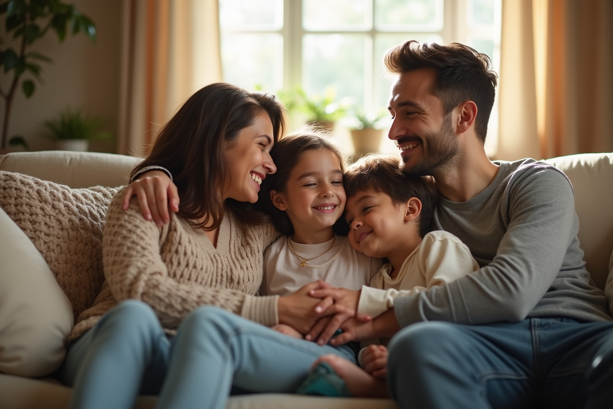 Salon familial chaleureux avec famille réunie