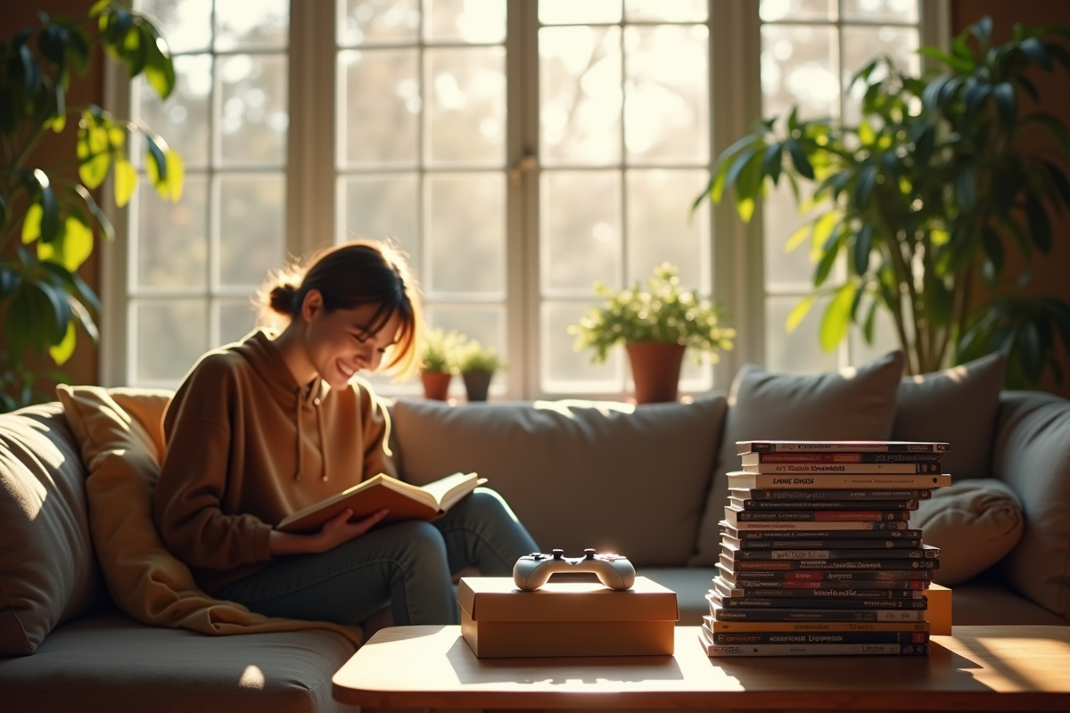 Personne lisant un livre dans un salon lumineux avec jeux vidéo et plantes