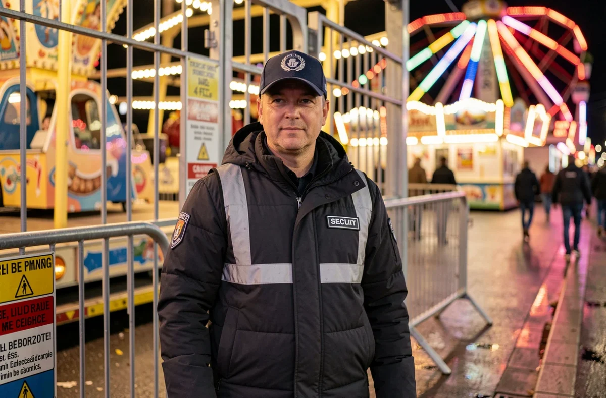 Agent de sécurité à l'entrée d'un manège lors de la foire de Lille en soirée