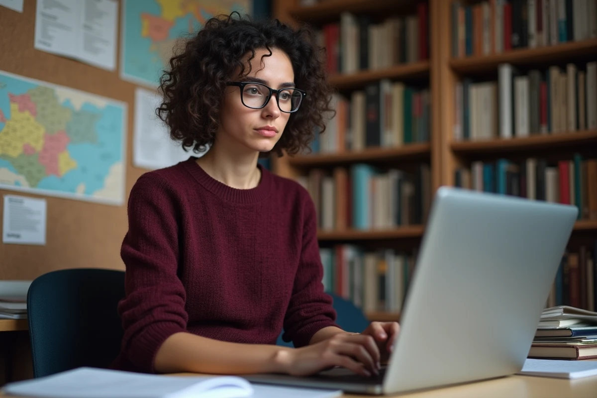 Sociologue française étudiant des données démographiques sur la consanguinité en France dans un bureau universitaire entouré de livres et de cartes régionales
