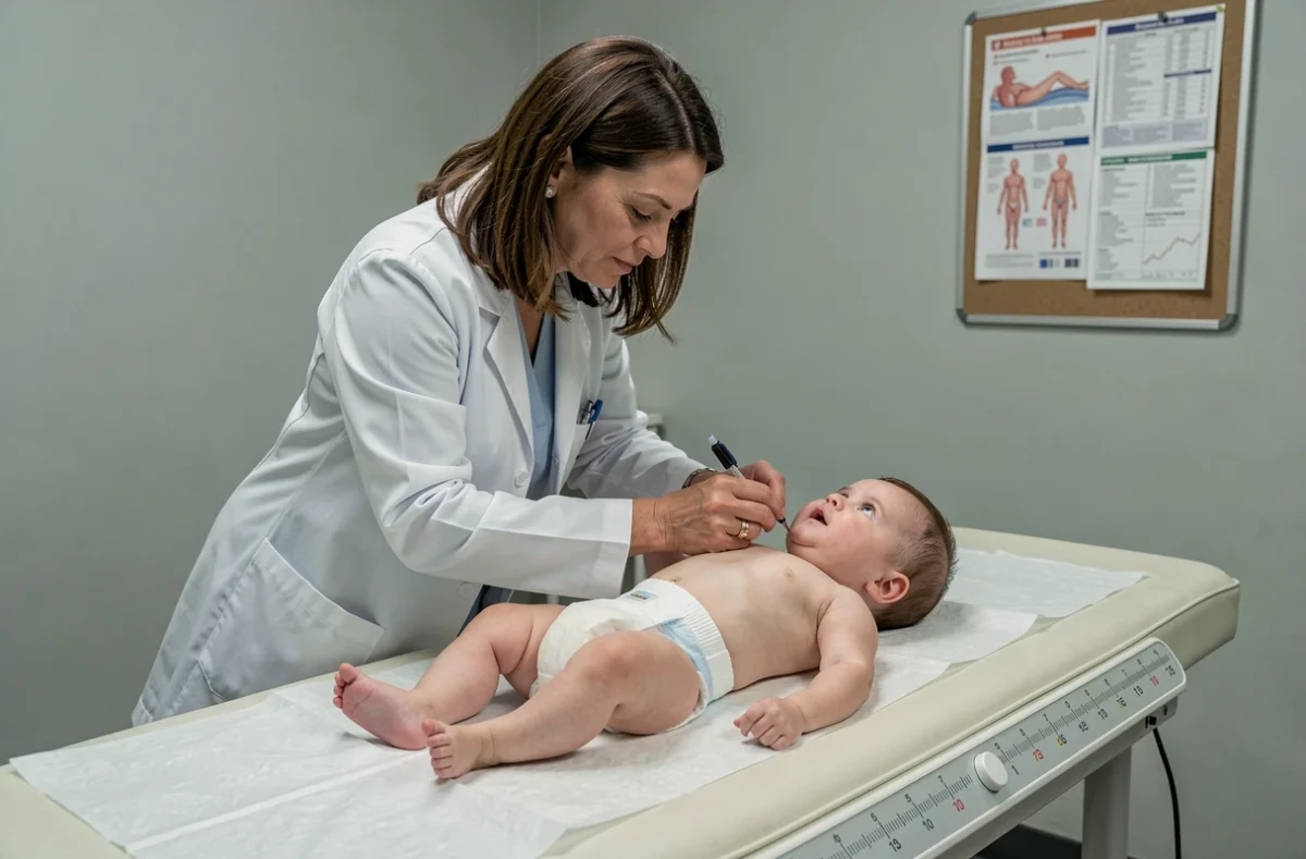 Pédiatre mesurant la taille d'un bébé fille de 3 mois sur une table d'examen dans un cabinet médical moderne
