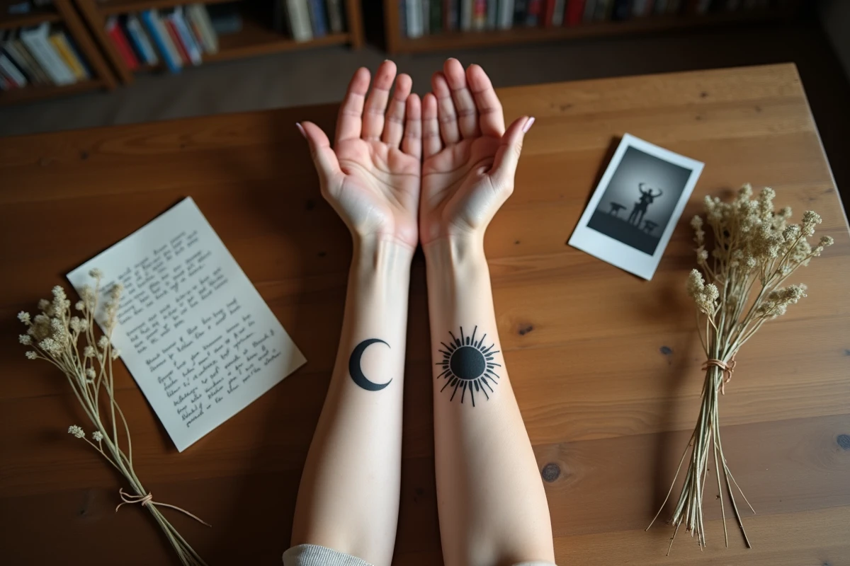 Gros plan de deux avant-bras avec tatouages lune et soleil assortis posés côte à côte sur une table en bois avec objets symboliques