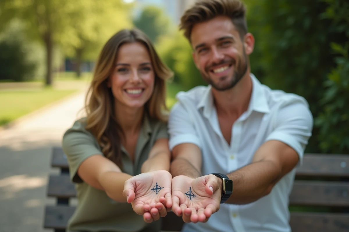 Frère et sœur montrant leurs tatouages assortis sur les poignets dans un parc, symboles de boussole et flèche