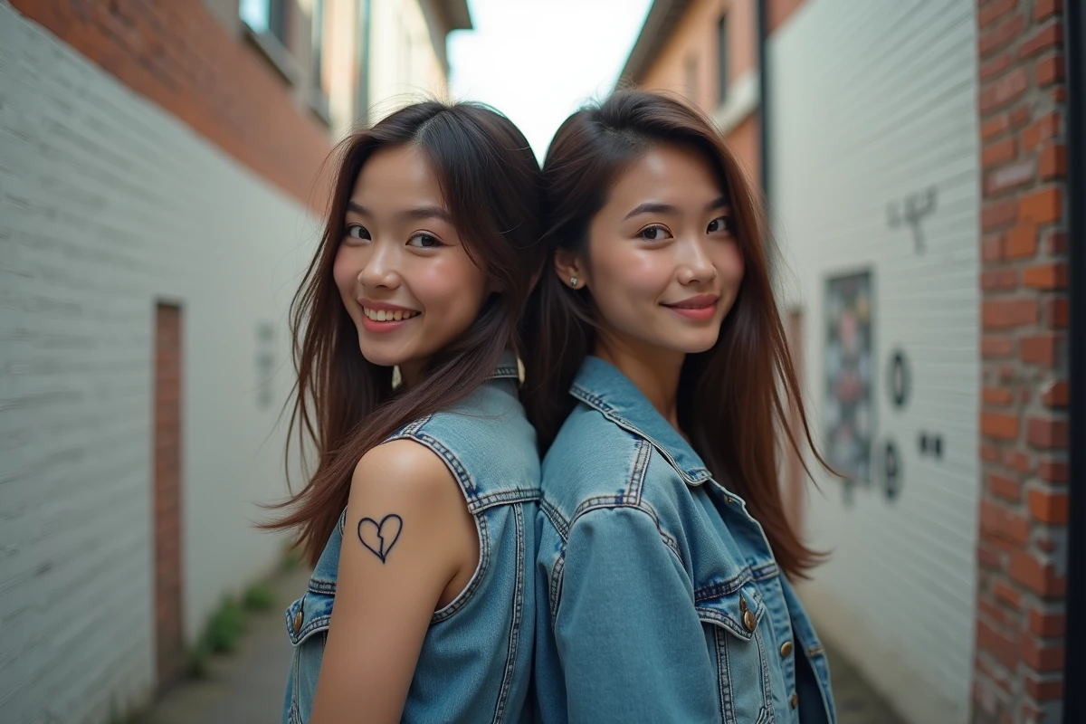 Deux sœurs dos à dos montrant leurs tatouages assortis demi-cœur sur les avant-bras, dans une ruelle urbaine