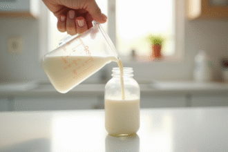 Main versant du lait dans un biberon avec mesures