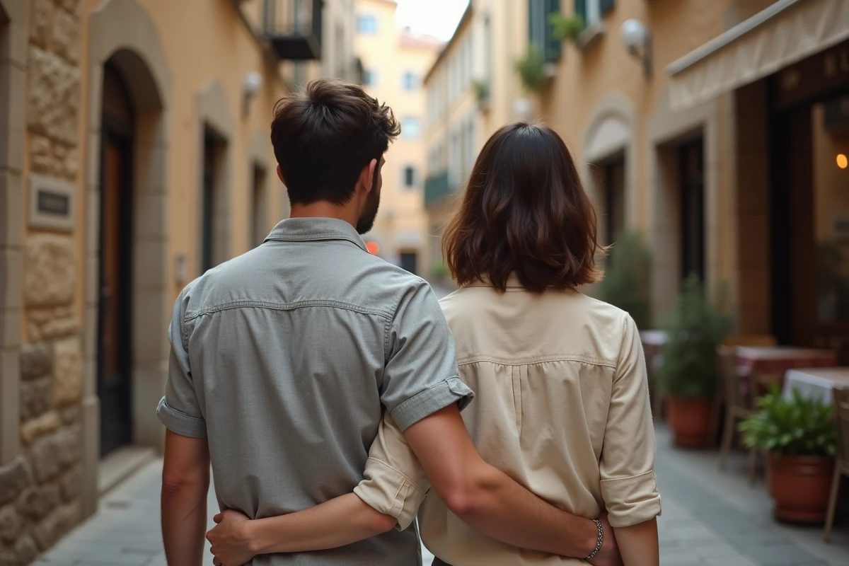 Couple marchant discrètement dans une ruelle pavée européenne, illustrant une relation amoureuse préservée de la vie publique