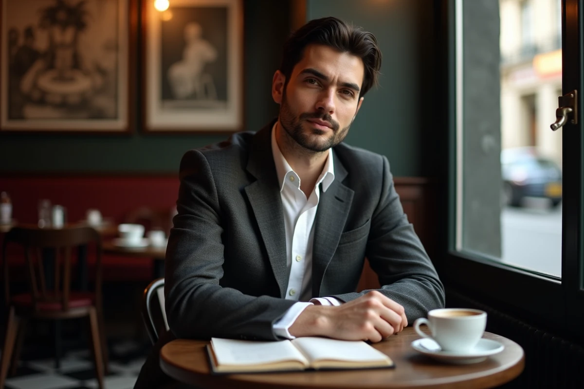 Homme réfléchi attablé dans un café parisien, évoquant la discrétion et l'intimité choisie d'une personnalité publique