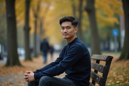 Homme discret assis seul sur un banc de parc en automne, exprimant la vie privée et l'intimité d'un personnage public